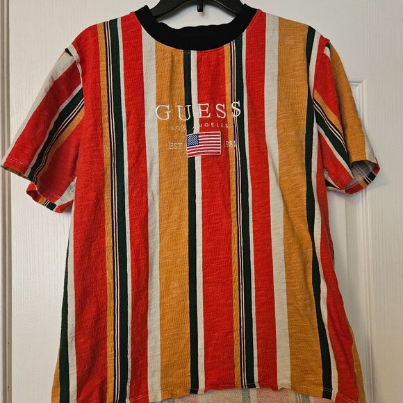 Vintage Guess Jeans Los Angeles USA Flag Striped T-Shirt Red Green Tan Size M - Picture 1 of 5